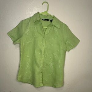 Carole Little Green Linen Blend Embroidered Button Down Shirt Size Small